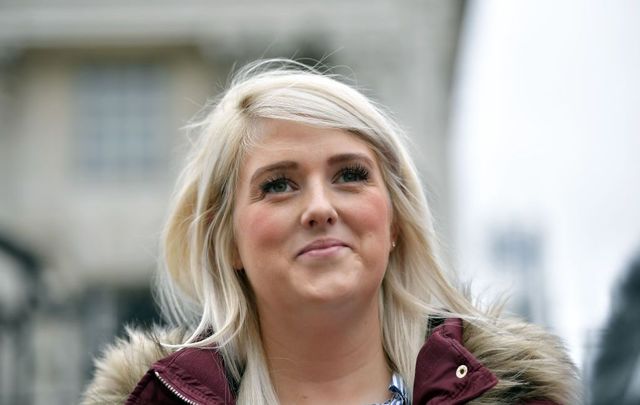 Sarah Ewart reacts outside Belfast High Court after the landmark ruling in her favor which found that Northern Ireland\'s strict abortion laws breached UK human rights on October 3, 2019, in Belfast, Northern Ireland.