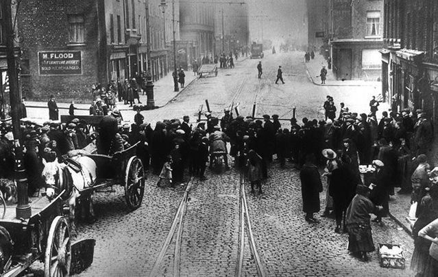 Dublin streets barricaded by British soldiers during the 1916 Easter Rising.