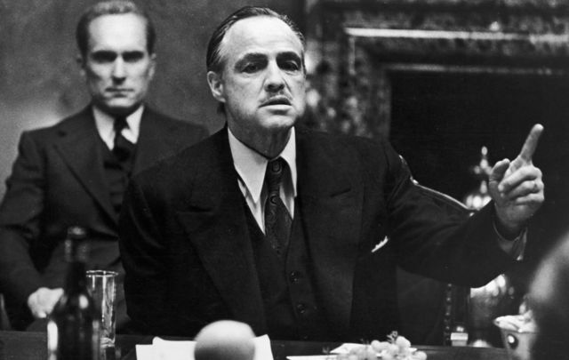 Marlon Brando, as Don Corleone, in the movie version of Mario Puzo\'s novel \"The Godfather\".