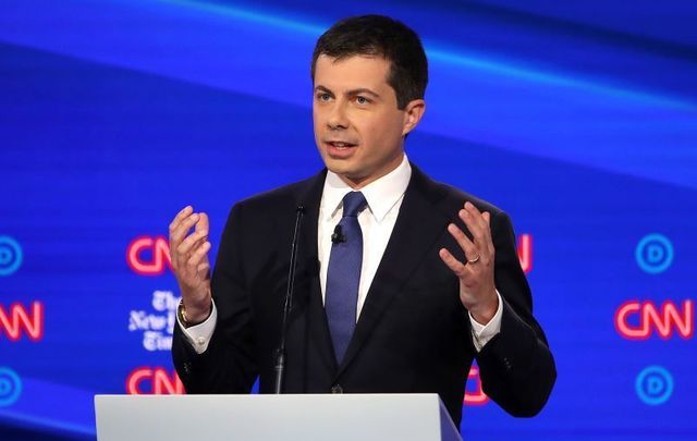 South Bend, Indiana Mayor Pete Buttigieg speaks during the Democratic Presidential Debate at Otterbein University on October 15, 2019