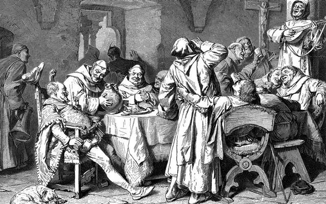 An illustration from the 19th century of monks feasting.