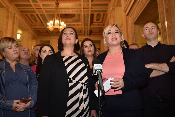 Mary Lou McDonald, Leader of Sinn Féin (center, L) and Michelle O\'Neill, Vice President of Sinn Féin (center, R) speak after a meeting of the Stormont Assembly on abortion rights and gay marriage on October 21, 2019, in Belfast. 