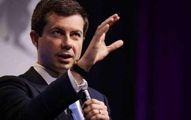 Democratic presidential candidate and South Bend, Indiana Mayor Pete Buttigieg sits down for an interview during the J Street National Conference at the Walter E. Washington Convention Center on October 28, 2019, in Washington, DC.