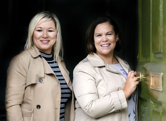 Sinn Fein\'s Vice President Michelle O\'Neill and President Mary Lou McDonald photographed at the entrance to the party HQ.