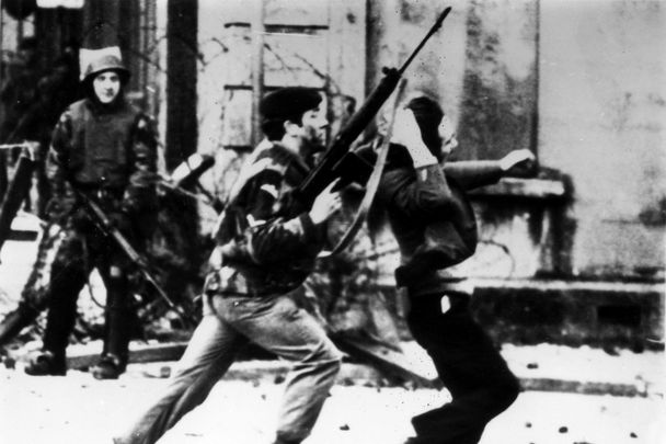 A soldier pushes a peaceful protester during Bloody Sunday, in Derry, in 1972.