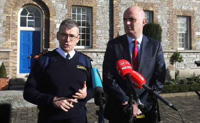 Garda Commissioner Drew Harris and PSNI Assistant Chief Constable Mark Hamilton photographed outside the Gardai headquarters, in Phoenix Park, Dublin.