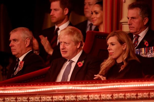 (L-R) Prince Andrew, Duke of York, Prince Harry, Duke of Sussex, Meghan, Duchess of Sussex, Prime Minister, Boris Johnson, and Carrie Symonds attend the annual Royal British Legion Festival of Remembrance at the Royal Albert Hall on November 09, 2019 in London.