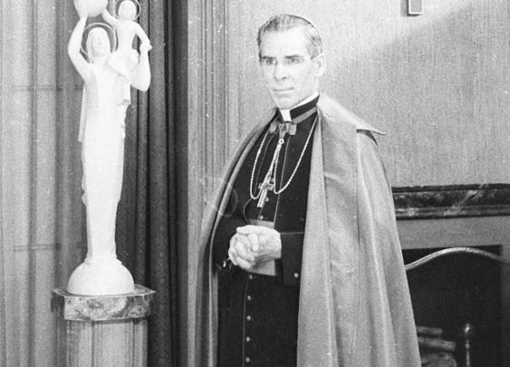 TV priest, Father Fulton Sheen, on set. 