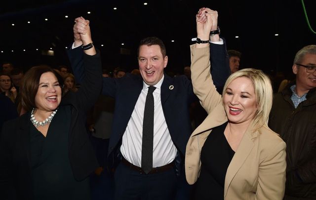 Mary-Lou McDonald, John Finucane and Michelle O\'Neill of Sinn Féin. 