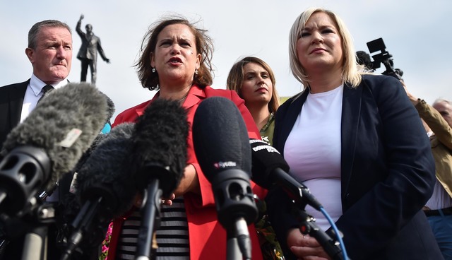 Sinn Fein President Mary Lou McDonald and Deputy Leader Michelle O\'Neill speaking outside Stormont during Brexit protests.