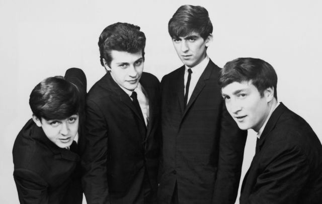 The Beatles: Paul McCartney, Pete Best, George Harrison and John Lennon. 