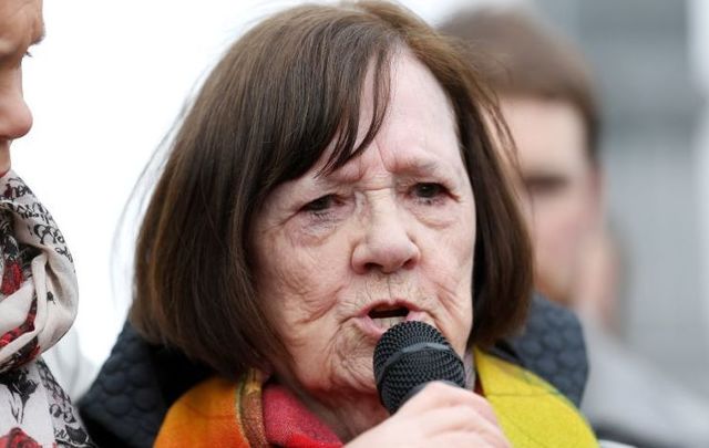 Mary Merritt speaking at a Flowers for Magdalene event in Dublin\'s Glasnevin Cemetery in 2017.