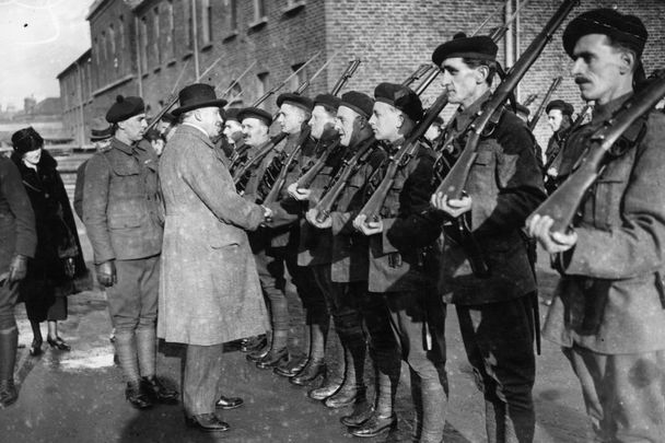 Sir Hamar Greenwood inspects a group of Black and Tans in 1921.