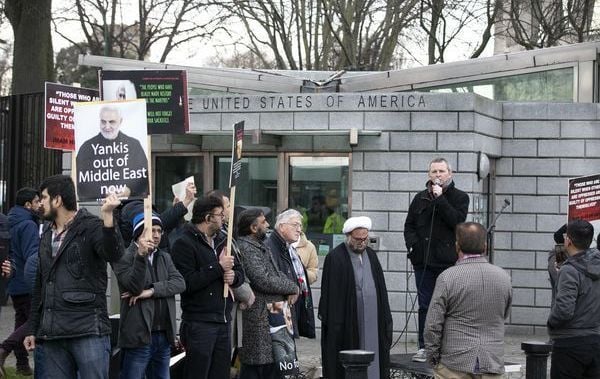 Pictured supporters of Iran and General Qasem Soleimani who was killed in a drone attack by the USA protest today outside the USA embassy in Dublin.