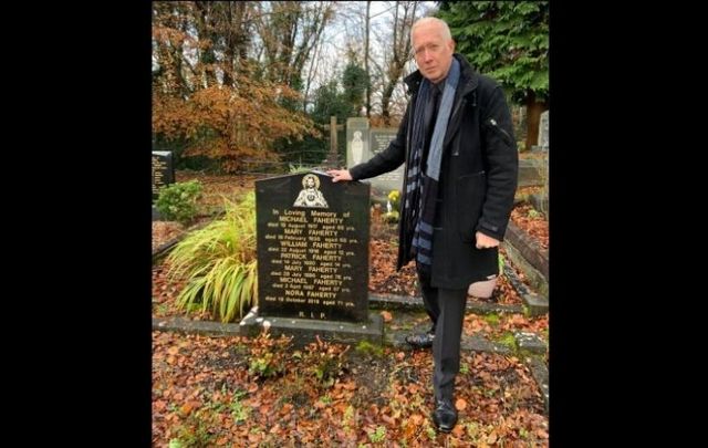 Patrick Sheldon - Mary\'s Grandson at her gravesite in Menlo cemetery, in County Galway.
