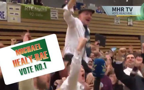 Independent Co Kerry politician Michael Healy-Rae held aloft by fans.