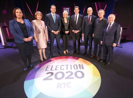 Ireland General Election 2020: The seven political party leaders and TV host Clare Byrne photographed during the leader\'s debate. 