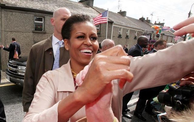 May 23, 2011: First Lady Michelle Obama receives a warm welcome in Moneygall, Co Offaly during her and her husband\'s Irish visit.