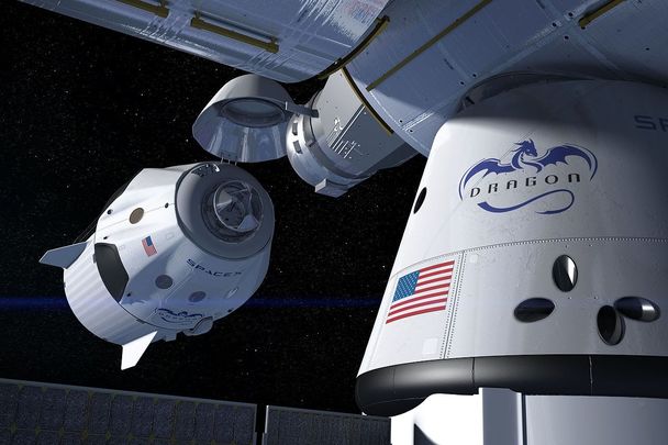 An artist\'s concept of the SpaceX Crew Dragon docking with the International Space Station.