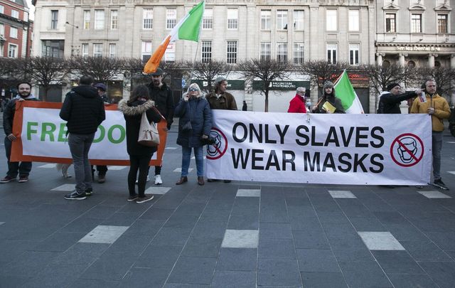 Anti-masker / COVID-19 protestors on O\'Connell Street in Dublin. 