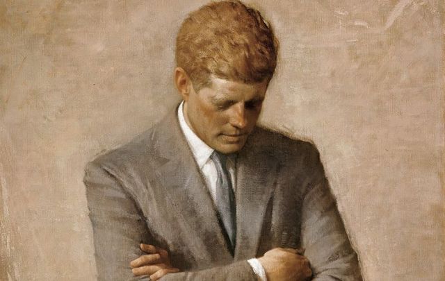 The official portrait of President John F. Kennedy, painted by Aaron Shikler in 1970, is prominently featured in this year\'s White House Christmas decorations.