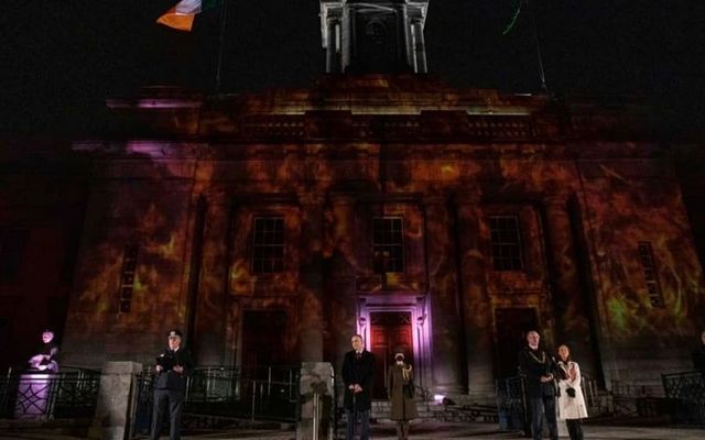 Taoiseach Micheál Martin (Center) was joined Lord Mayor Joe Kavanagh and members of the Cork City Fire Brigade on Friday night. 