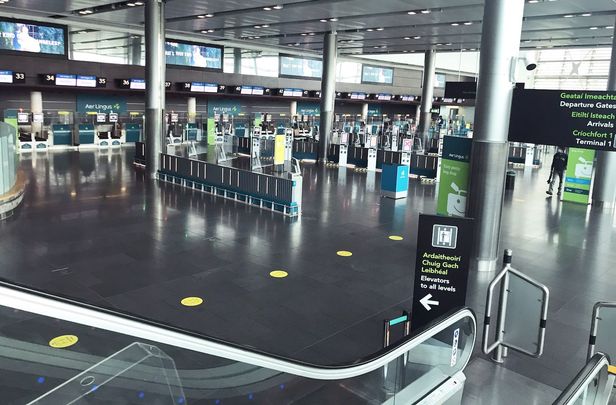 An unusually quiet Dublin Airport as flights from Britain are suspended. 