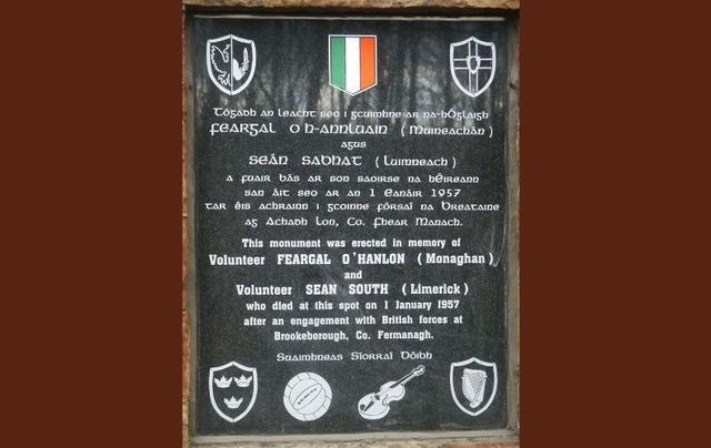 A memorial to Sean South and Fergal O\'Hanlon at Moane\'s Cross in Co Fermanagh.