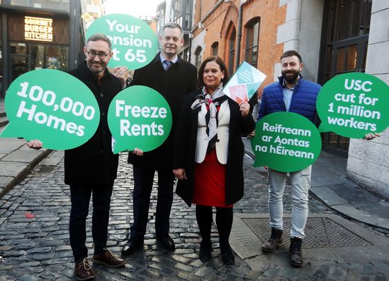 Sinn Féin\'s Eoin O\'Brion, Pearse Doherty and President Mary Lou McDonald, along with a campaigner, launch their 2020 general election manifesto. 