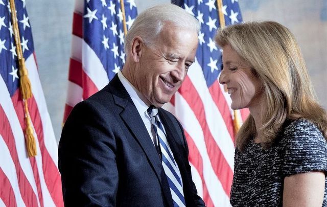 Caroline Kennedy thanks Vice President Joseph Biden after he spoke during an event to honor her father\'s inauguration on Capitol Hill January 20, 2011 in Washington, DC. 