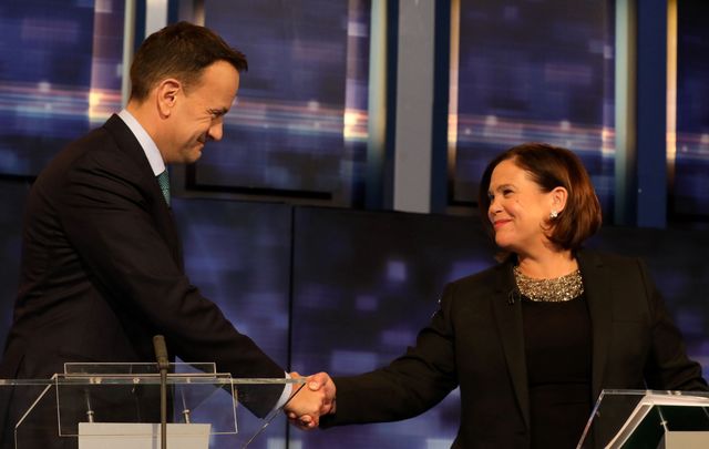Fine Gael leader Leo Varadkar and Sinn Féin President Mary Lou McDonald shake hands during the televised leader\'s debate ahead of the general election.