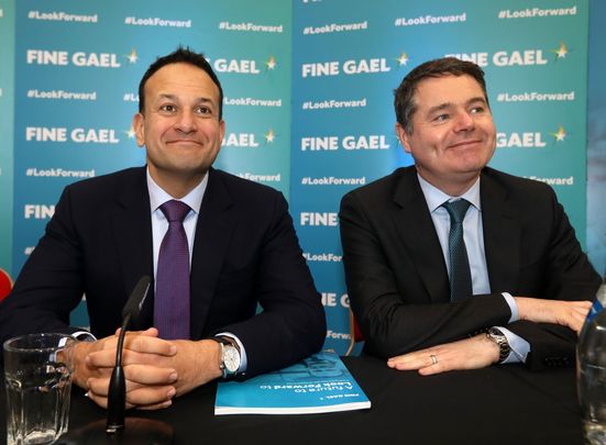Taoiseach and Fine Gael leader Leo Varadkar, Minister for Finance and Public Expenditure, and Director of Organisation, Paschal Donohoe; hold a final campaign press conference while visiting Carlow institute of technology