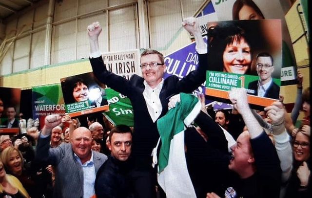 Sinn Fein TD David Cullinane celebrates in Waterford after winning more than 20,500 votes.