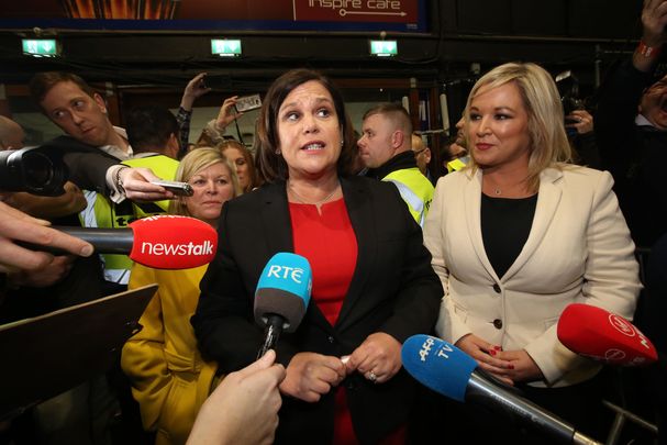 Sinn Féin President Mary Lou McDonald and First Minister of Northern Ireland Michelle O\'Neill celebrate making general election history.