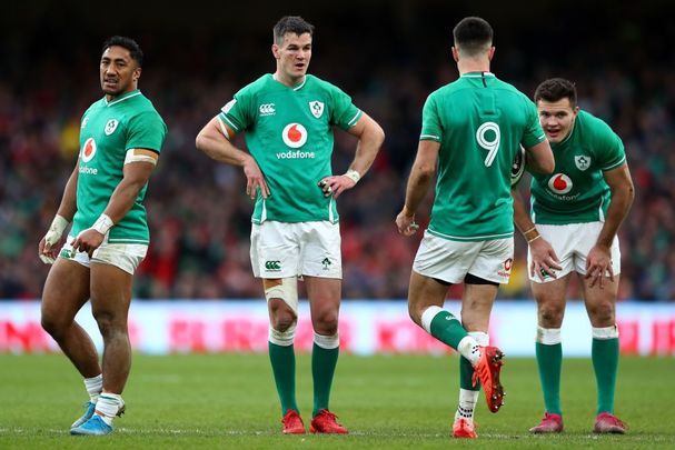 Bundee Aki (L), Jonathan Sexton (2L), Conor Murray (2R) and Jacob Stockdale (R) of Ireland\'s rugby team on Feb 8 at the Aviva stadium in Dublin.