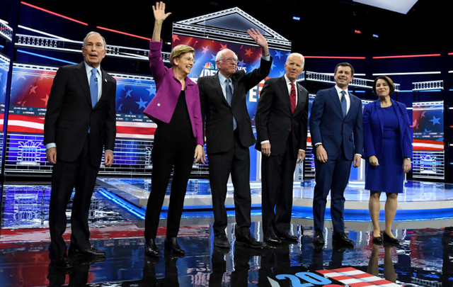 Democratic candidates from left to right: Mike Bloomberg, Elizabeth Warren, Bernie Sanders, Joe Biden, Pete Buttigieg, and Amy Klobuchar. 