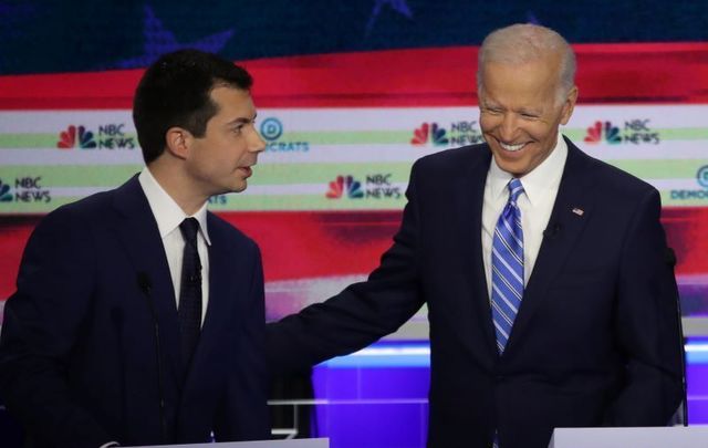 Pete Buttigieg and Joe Biden during the second night of the first Democratic presidential debate on June 27, 2019 in Miami, Florida.