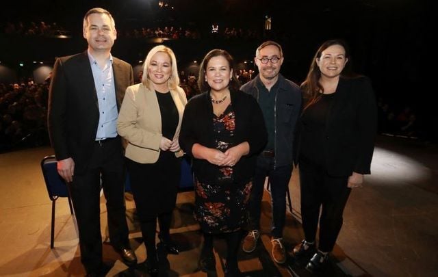 (L to R) Pearse Doherty, Michelle O\'Neill, Mary Lou McDonald, Eoin O\'Broin and Louise O\'Reilly at Sinn Féin\'s rally at Dublin\'s Liberty Hall on February 25, 2020.