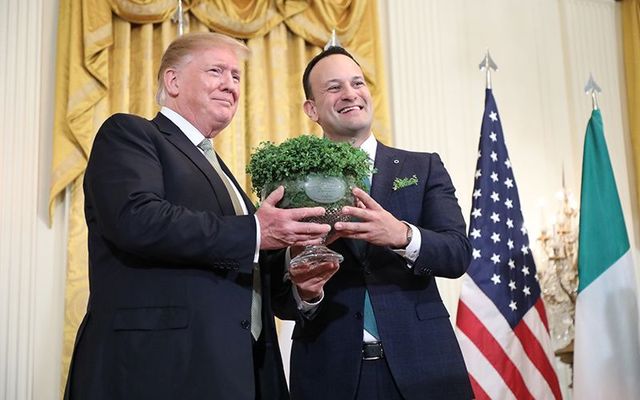 Irish leader Leo Varadkar presents President Donald Trump with the traditional bowl of shamrock on St. Patrick\'s Day 2019.