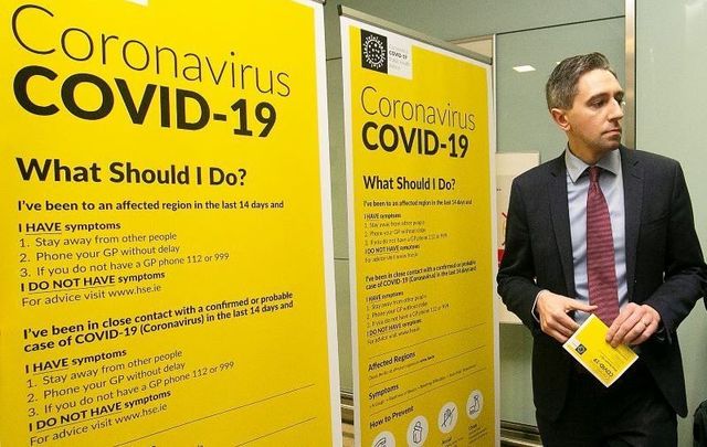 Minister for Health Simon Harris speaking with the media and the Environmental Health Service HSE team at Dublin Airport activating the public awareness campaign for COVID-19 (Coronavirus) on February 28.