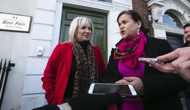 Sinn Féin leaders Michelle O\'Neill and Mary Lou McDonald outside the parties Dublin offices.