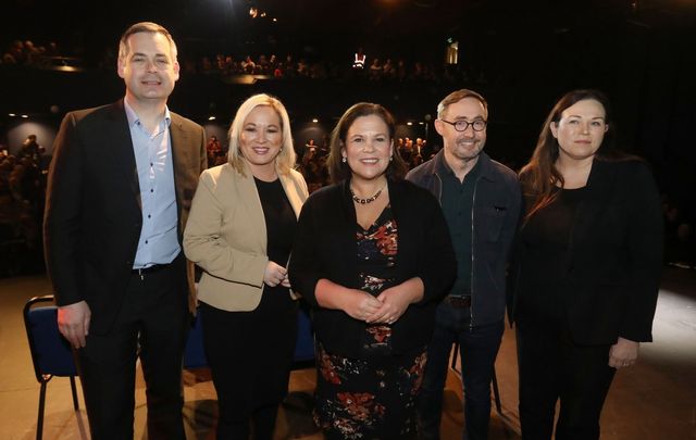 Sinn Féin\'s Pearse Doherty, Michelle O\'Neill, Mary Lou McDonald, Eoin O Broin, and Louise O\'Reilly. 