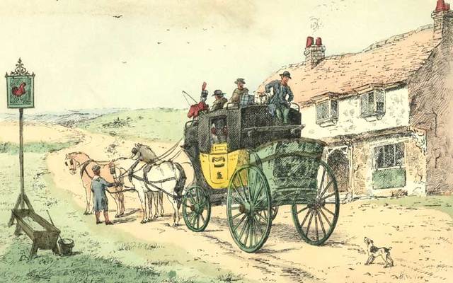 An illustration of “The Follies & Fashions of our Grandfathers: 1807” by Andrew W Tuer, depicting a stagecoach approaching an inn.