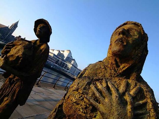 A close of one of the statues at the Famine Memorial, in Dublin.