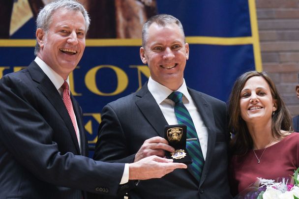 New York City Mayor Bill de Blasio, NYPD Commissioner Dermot Shea and his wife Serena on Shea’s swearing in day on December 1. 