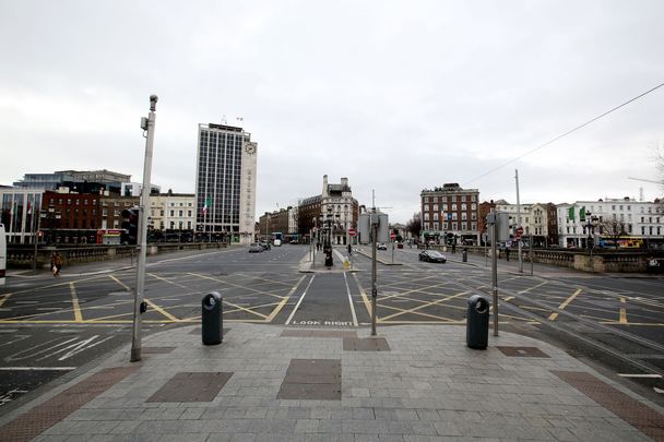 O\'Connell Bridge, Dublin, usually the epicenter of the St. Patrick\'s Day parade, empty on March 17.