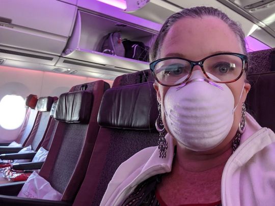 Social distancing on Eileen Scully\'s flight to New York.