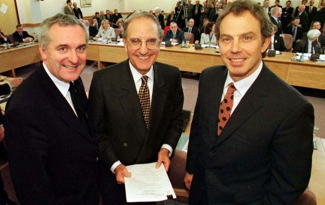 (L to R): Taoiseach Bertie Ahern with Senator George Mitchell and British Prime Minister Tony Blair at Castle Buildings Belfast, after they signed the peace agreement on April 10, 1998.