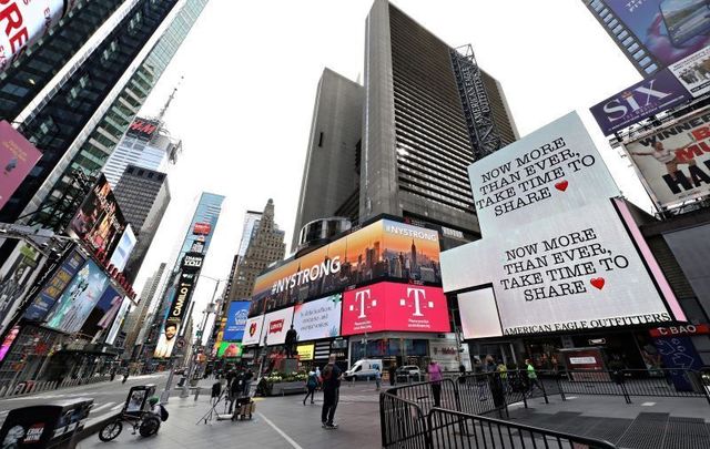 A nearly empty Times Square in NYC on April 20, 2020.