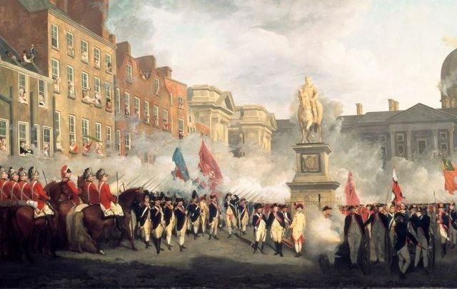\"The Dublin Volunteers on College Green, 4th November 1779.\" Portrait by Francis Wheatley of the Dublin Volunteers on College Green, Dublin.